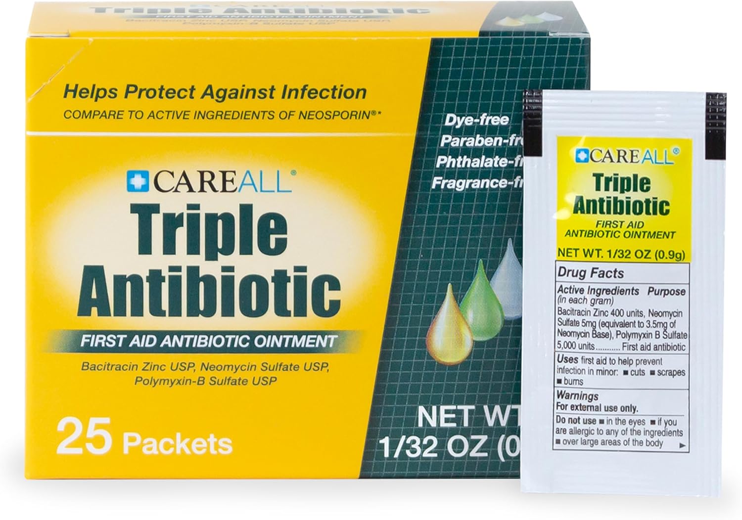 CareAll Triple Antibiotic Ointment (25 Pack), 0.9gr Foil Packet. First Aid Ointment That Prevents Infection in Minor Scrapes, Cuts, and Burns CareAll Triple Antibiotic Ointment (25 Pack), 0.9gr Foil Packet. First Aid Ointment That Prevents Infection in Minor Scrapes, Cuts, and Burns