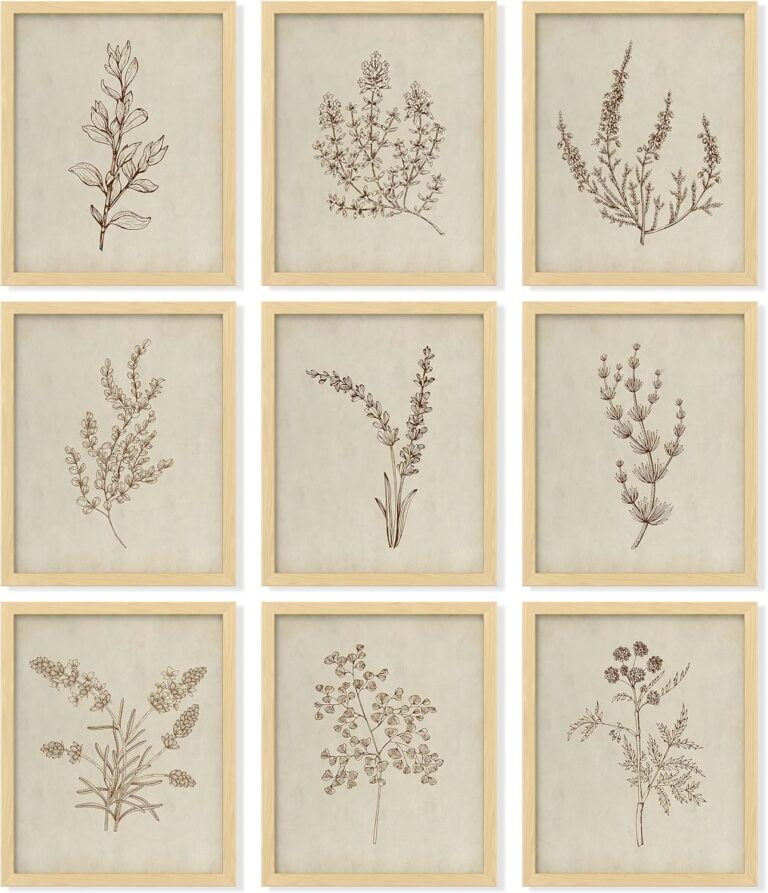 97 Decor Botanical Wall Art - Vintage Botanical Prints, Plant Art Wall Decor, Neutral Floral Wall Art Pictures, Beige Flower Poster Paintings, Flower Sketch Drawing for Bedroom (8x10 UNFRAMED)