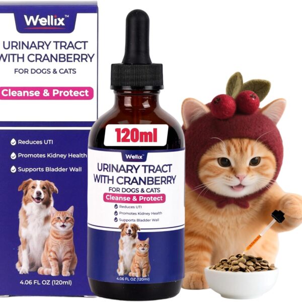 4oz Wellix Natural Cat & Dog UTI Treatment Drops,Cat & Dog Urinary Tract Infection Treatment - Cranberry & D-Mannose for Dogs & Cats - Kidney Health Supplement