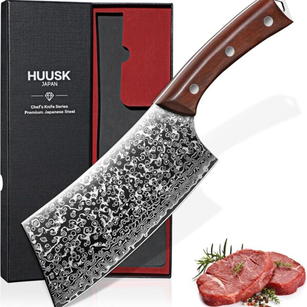 Huusk Meat Cleaver Knife Japanese Kitchen Knife 6.4 Inch, Hand Forged Butcher Knife for Meat Cutting, Vegetable Chopping Knife High Carbon Steel Damascus Pattern Chef Knife Cooking Gift Christmas