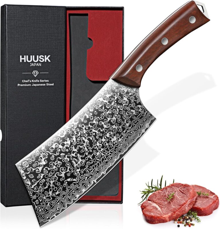 Huusk Meat Cleaver Knife Japanese Kitchen Knife 6.4 Inch, Hand Forged Butcher Knife for Meat Cutting, Vegetable Chopping Knife High Carbon Steel Damascus Pattern Chef Knife Cooking Gift Christmas