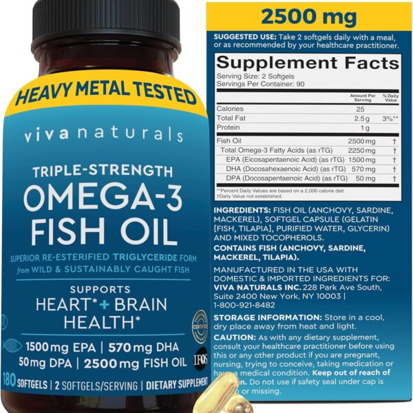 Triple Strength Fish Oil Omega 3 Supplements for Women and Men  2500 mg High-Potency, Easy-to-Absorb Re-esterified Triglyceride Form, Pescatarian-Friendly DPA Omega 3 EPA DHA Supplement,180 Softgels