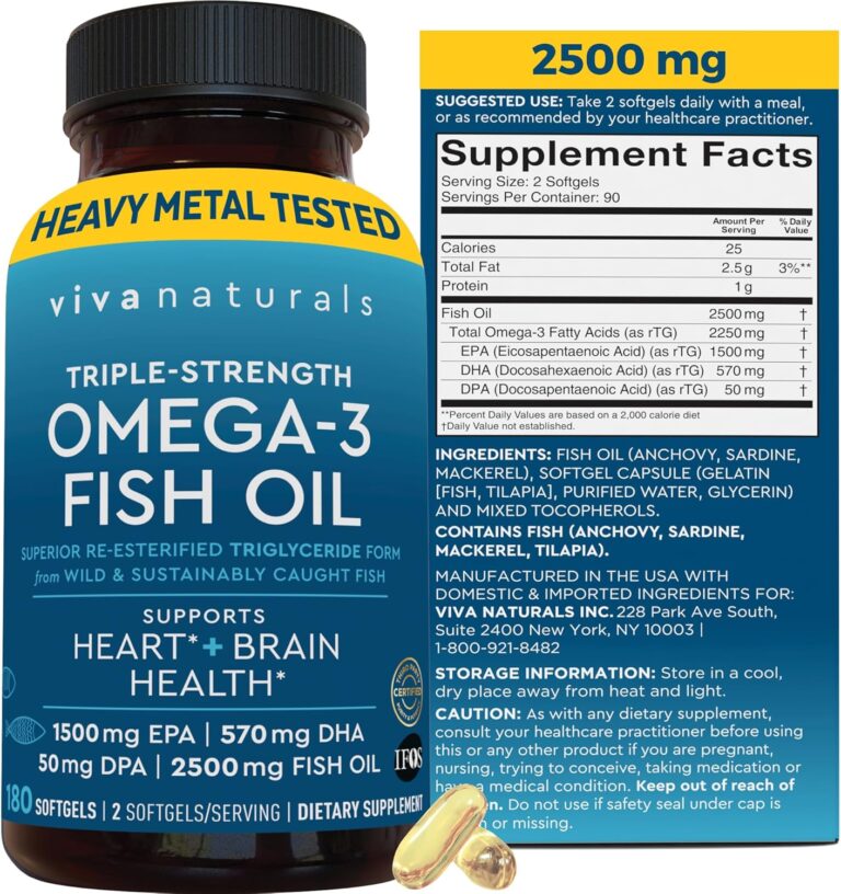 Triple Strength Fish Oil Omega 3 Supplements for Women and Men  2500 mg High-Potency, Easy-to-Absorb Re-esterified Triglyceride Form, Pescatarian-Friendly DPA Omega 3 EPA DHA Supplement,180 Softgels