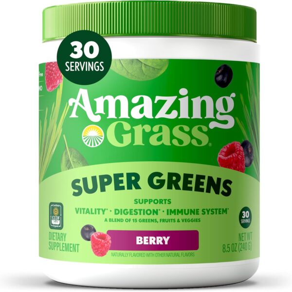 Amazing Grass Greens Superfood Powder: Greens Powder with Digestive Enzymes & Probiotics, Organic Spirulina, Chlorella, and Beet Root Powder, Berry, 30 Servings (Packaging May Vary)