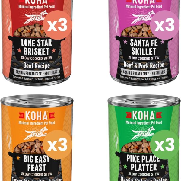 KOHA Slow Cooked Stews Variety Pack - Chicken, Beef, Pork, and Salmon Recipes for Dogs, High Protein Wet Dog Food, 12.7oz Cans (Case of 12)