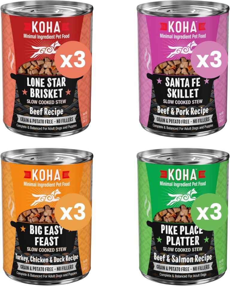 KOHA Slow Cooked Stews Variety Pack - Chicken, Beef, Pork, and Salmon Recipes for Dogs, High Protein Wet Dog Food, 12.7oz Cans (Case of 12)