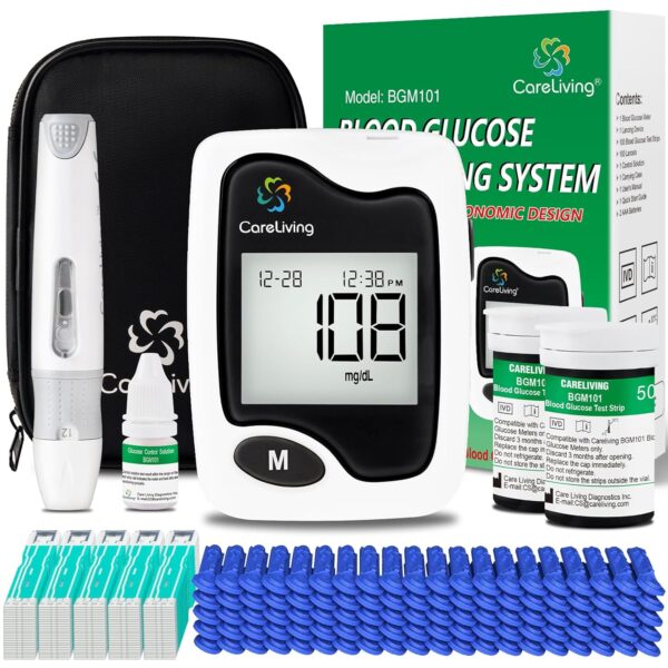 BGM101 Blood Glucose Monitor Kit, 100 Test Strips, 100 Lancets, 1 Blood Glucose Meter, 1 Lancing Device, Diabetes Testing Kit, Portable Blood Sugar Test Kit, Glucometer Kit for Home, black