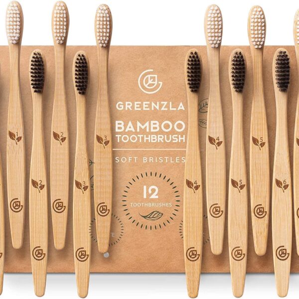 Greenzla Bamboo Toothbrushes for Adults  12 Pack Wooden Toothbrush Set with Charcoal-Infused Soft Bristles, Natural Oral Care for Daily Use