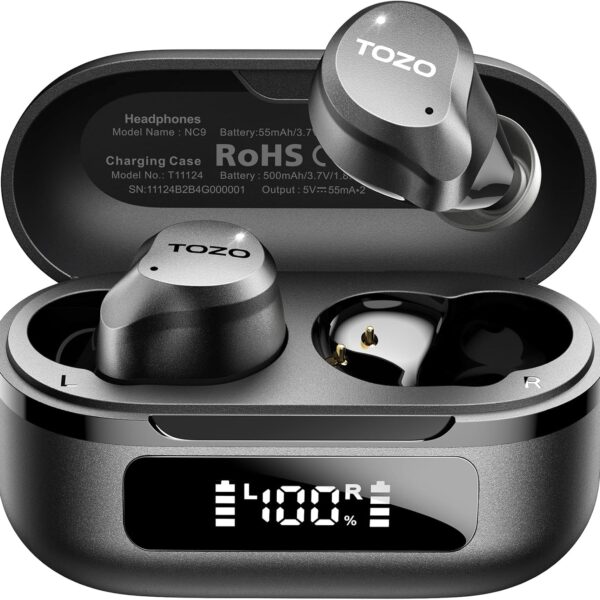 TOZO NC9 Hybrid Active Noise Cancelling Wireless Earbuds, 6 Mics ENC Clear Call, IPX8 Waterproof, in Ear Bluetooth 5.3 Headphones Stereo Bass Ear Buds 60H Playtime with LED Display 32 EQs via APP