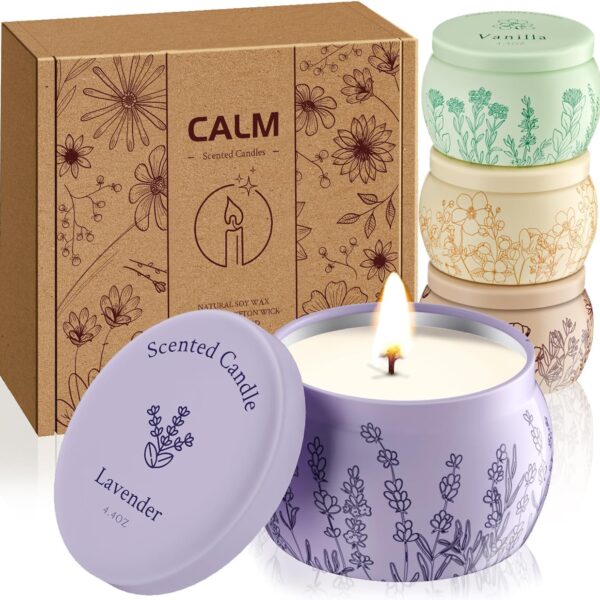 Scented Candles for Mom, 17.6oz Romantic Jar Candles for Women Girl Candle Set, 120H Burning, Soy Candle for Home Scented, Valentine, Birthday, Lavender | Vanilla | Rose & Sandalwood | Jasmine -4 Pack