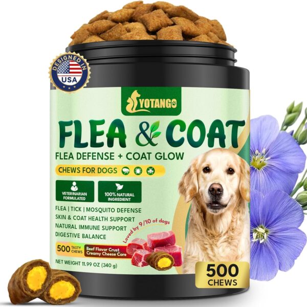 YOTANGO Dog Flea and Tick Support Crunchy & Creamy Chewables, 500 Chews Natural Flea and Tick Support for Dogs Chewable, Skin and Coat Support, Flea Chews for Dogs and Puppies (Beef Flavor)
