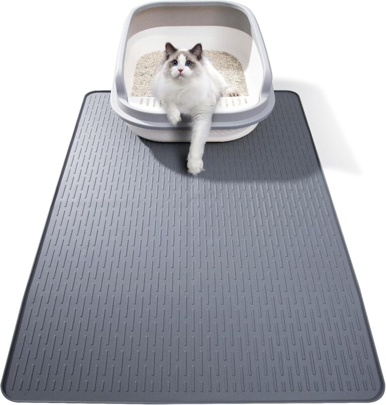 Silicone Cat Litter Mat, 28x20 in Waterproof Litter Box Mat Cats Feeding Mats with Raised Edges, Quick Clean Desig (Grey)