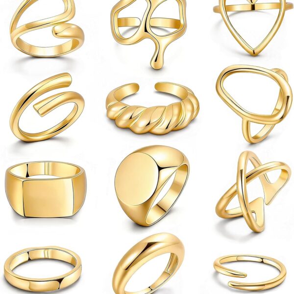 FAXHION 12PCS Gold Stackable Rings Set for Women, 18K Gold Plated Open Stacking Knuckle Ring, Adjustable Chunky Signet Band Statement Ring for Gift