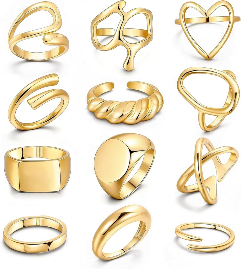 FAXHION 12PCS Gold Stackable Rings Set for Women, 18K Gold Plated Open Stacking Knuckle Ring, Adjustable Chunky Signet Band Statement Ring for Gift