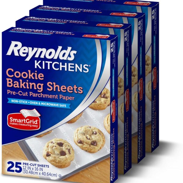 Reynolds Kitchens Cookie Baking Sheets, Pre-Cut Parchment Paper, 25 Count per Pack (Pack of 4), 100 Sheets Total
