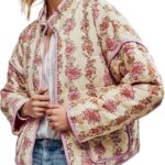 Yimoon Women's Cropped Puffer Quilted Jacket Vintage Floral Print Open Front Lightweight Short Jacket Outerwear
