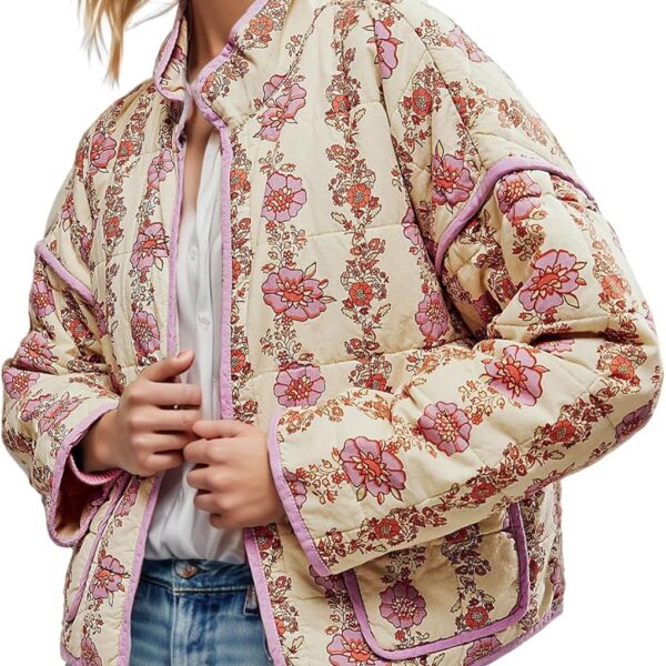 Yimoon Women's Cropped Puffer Quilted Jacket Vintage Floral Print Open Front Lightweight Short Jacket Outerwear