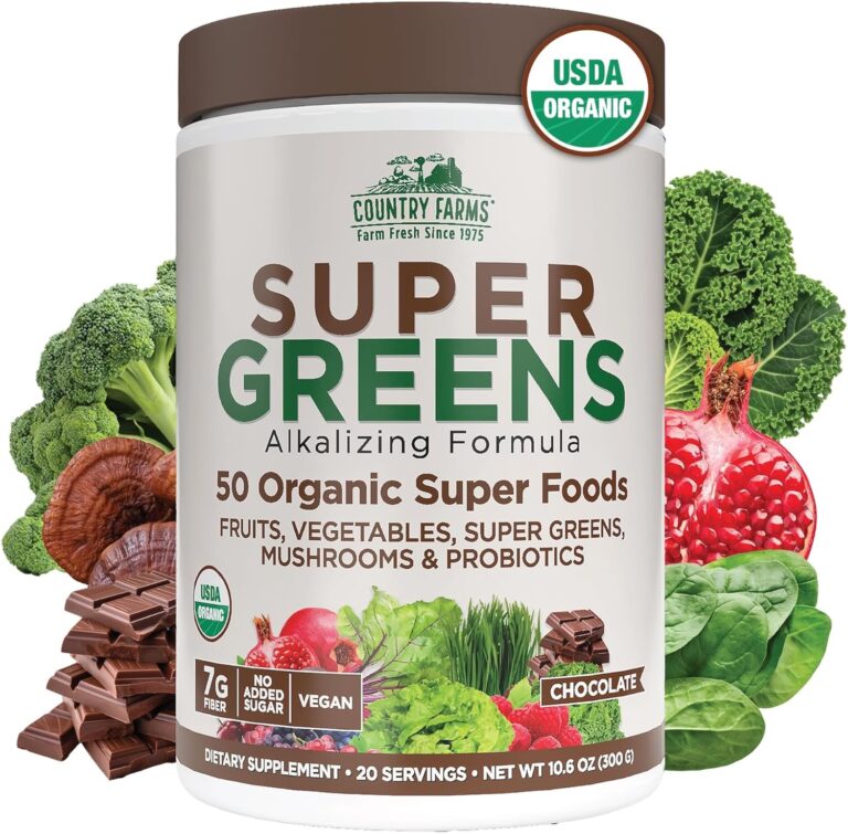 Country Farms Organic Super Greens Chocolate Flavor, 50 Organic Super Foods, USDA Organic Drink Mix, Packed with Fiber, Fruits, Vegetables, Mushrooms & Probiotics, Supports Energy, 7g Fiber
