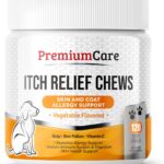 PREMIUM CARE Itch Relief for Dogs - 120 Allergy Chews for Dogs - Anti Itch Seasonal Support for Pets Itchy Skin Relief Skin Health Support with Colostrum, Vitamin C, Omega and Bee Pollen