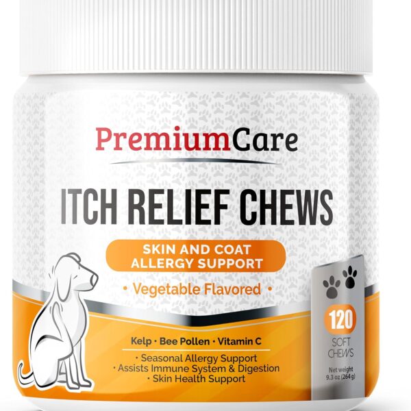 PREMIUM CARE Itch Relief for Dogs - 120 Allergy Chews for Dogs - Anti Itch Seasonal Support for Pets Itchy Skin Relief Skin Health Support with Colostrum, Vitamin C, Omega and Bee Pollen