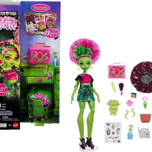 Monster High Self-Scare Secrets Venus McFlytrap Doll and Accessories Set with 13 Realistic Surprises Like Haircare Products, Bonnet and Plant