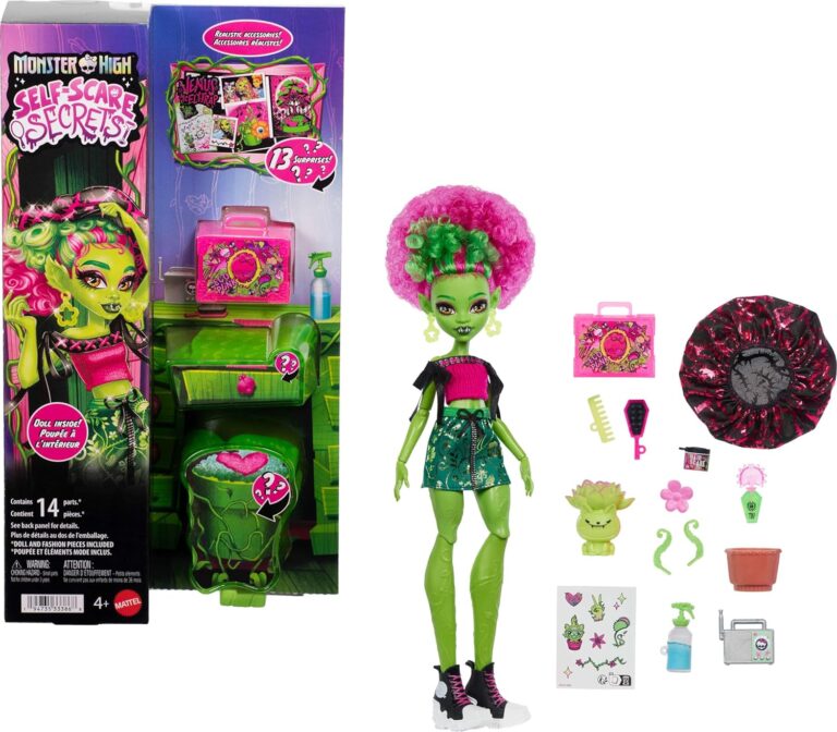 Monster High Self-Scare Secrets Venus McFlytrap Doll and Accessories Set with 13 Realistic Surprises Like Haircare Products, Bonnet and Plant