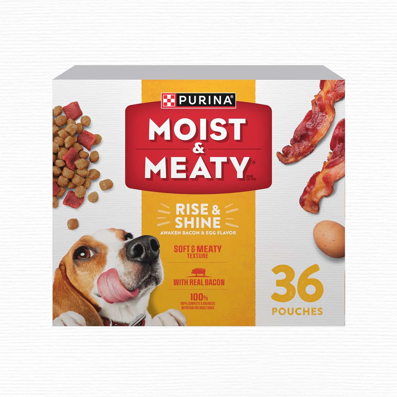 Purina Moist and Meaty Rise and Shine Awaken Bacon and Egg Flavor Soft Dog Food Pouches - 36 ct. Box Purina Moist and Meaty Rise and Shine Awaken Bacon and Egg Flavor Soft Dog Food Pouches - 36 ct. Box