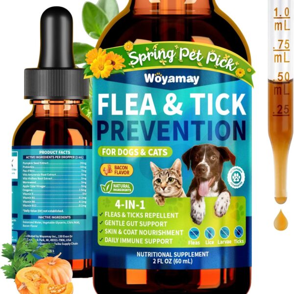 4-IN-1 Flea and Tick Prevention Drops for Dogs and Cats, Natural Cat & Dog Flea and Tick Treatment, Supports Flea Defense, Gut Health, Skin & Coat Nourishment, and Immune Support, Bacon Flavor