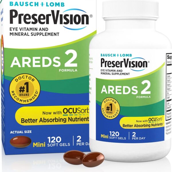 PreserVision AREDS 2 Eye Vitamins, #1 Eye Doctor Recommended Brand, Lutein and Zeaxanthin Supplement with Vitamin C, Vitamin E, Zinc, and Copper, 120 Softgels (Minigels)