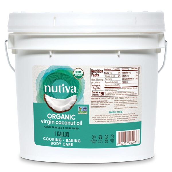 Nutiva Organic Cold-Pressed Virgin Coconut Oil, 1 Gallon, USDA Organic, Non-GMO, Whole 30 Approved, Vegan, Keto, Fresh Flavor and Aroma for Cooking & Healthy Skin and Hair