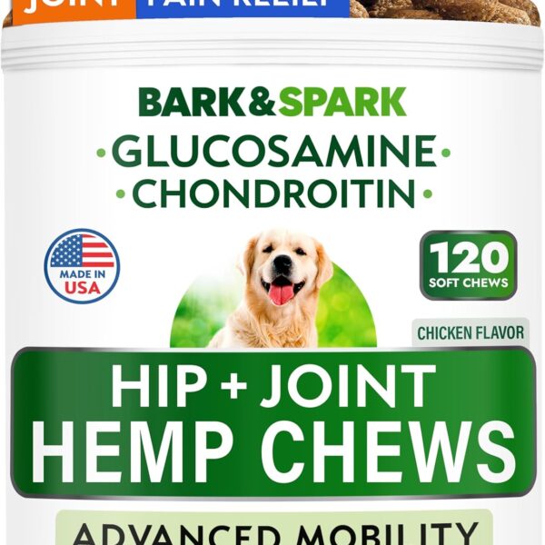 Hemp Hip & Joint Supplement for Dogs - Glucosamine for Dogs - Dog Joint Pain Relief Treats - Chondroitin, MSM - Mobility & Flexibility Support - Advanced Joint Care & Health - Made in USA (120Ct)