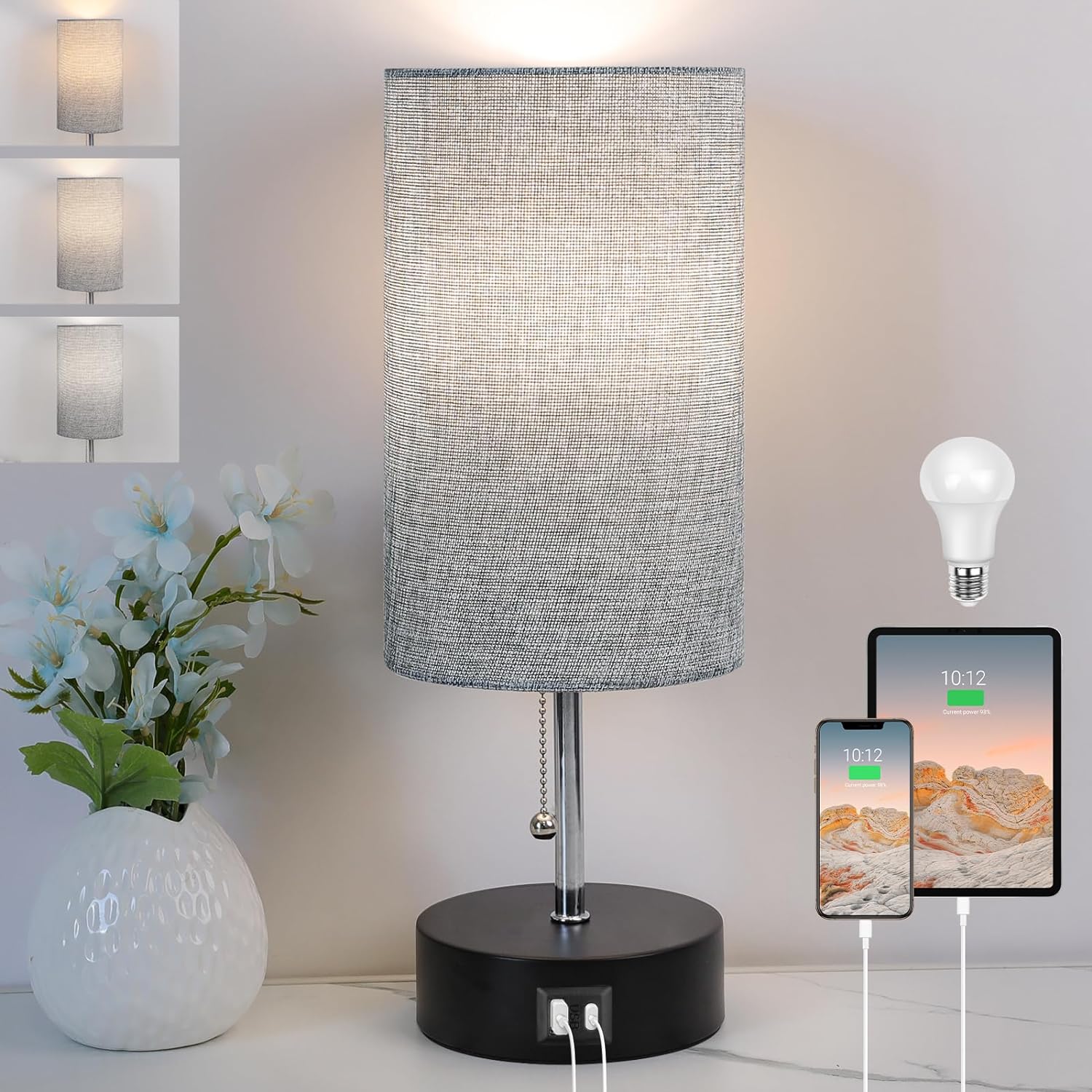 3-Color Temperature Bedside Lamp Nightstand Lamp with USB A Port and C Port, Table Lamp for Bedroom with LED Bulb Small Lamps for Living Room (Gray) 3-Color Temperature Bedside Lamp Nightstand Lamp with USB A Port and C Port, Table Lamp for Bedroom with LED Bulb Small Lamps for Living Room (Gray)