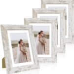 5x7 Picture Frame Set of 4, Made of Real Glass and Distressed White Wooden Frame, 5 by 7 Photo for Wall or Tabletop - Display Picture 4x6 with Mat or 5x7 Without Mat