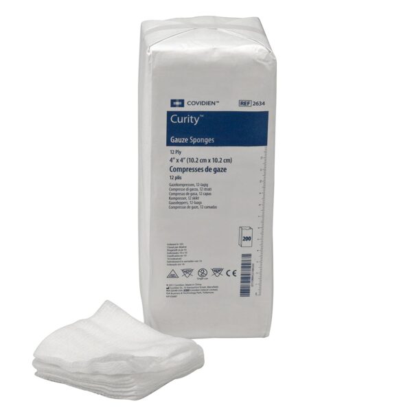 COVIDIEN 2634 Curity Gauze Sponge, Non-Sterile, 4" x 4", 12-Ply (Pack of 200), Package May Vary