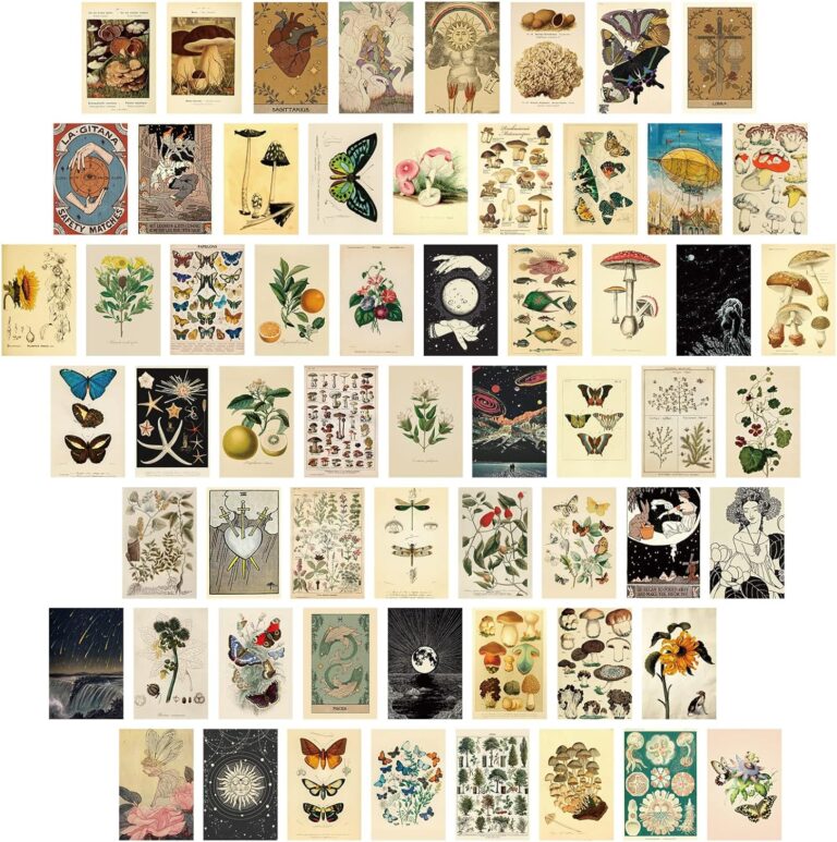 Containlol 60 Pcs Vintage Wall Collage Kit Maximalist Paintings Art Prints Botanical Illustration Tarot Aesthetic Vintage Prints Cards Photo Wall Collection Aesthetic Collage Dorm Bedroom Decor