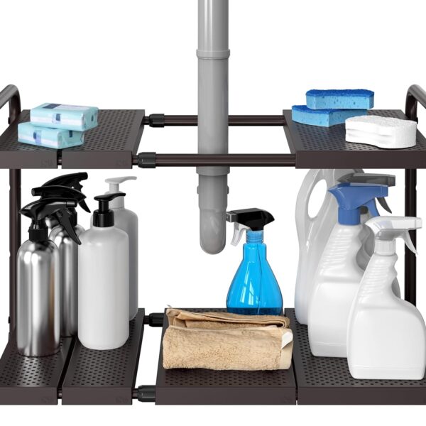 Simple Houseware Under Sink 2-Tier Heavy Duty Expandable Rack Organizer, Adjustable Width 15.7525 Inches with 4 Shelf Height Levels, Bronze