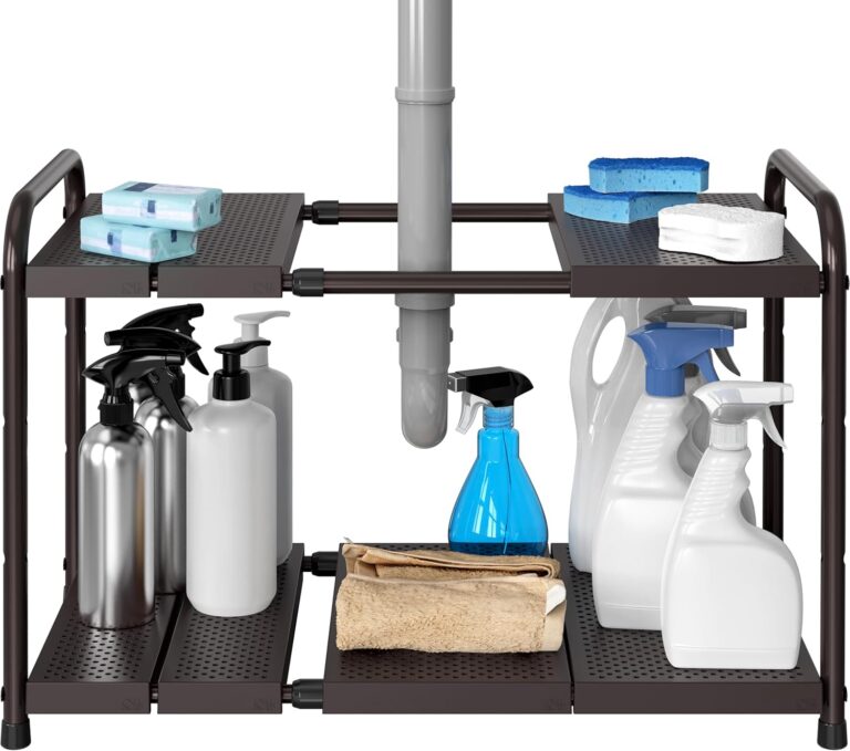 Simple Houseware Under Sink 2-Tier Heavy Duty Expandable Rack Organizer, Adjustable Width 15.7525 Inches with 4 Shelf Height Levels, Bronze