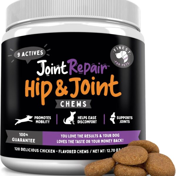 Joint Repair Dog Hip and Joint Supplement with Glucosamine, Chondroitin, Omega 3, MSM & Turmeric. Supports Hip & Joint Health, Mobility & Cartilage Development. 120 Chicken Flavor Chews, Made in USA