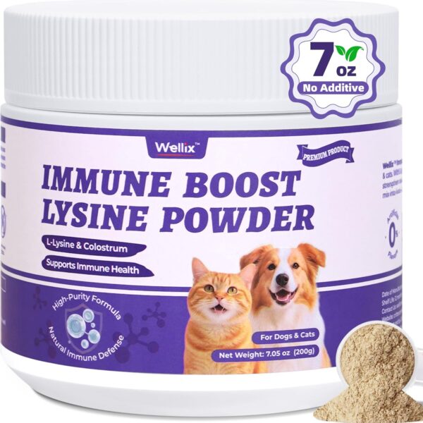 Wellix 7.05oz Lysine Powder for Cats & Dogs with Colostrum & Taurine for Dogs & Cats - Immune Support Supplement with Quercetin & Multivitamin for Respiratory Health, Coughing Treatment
