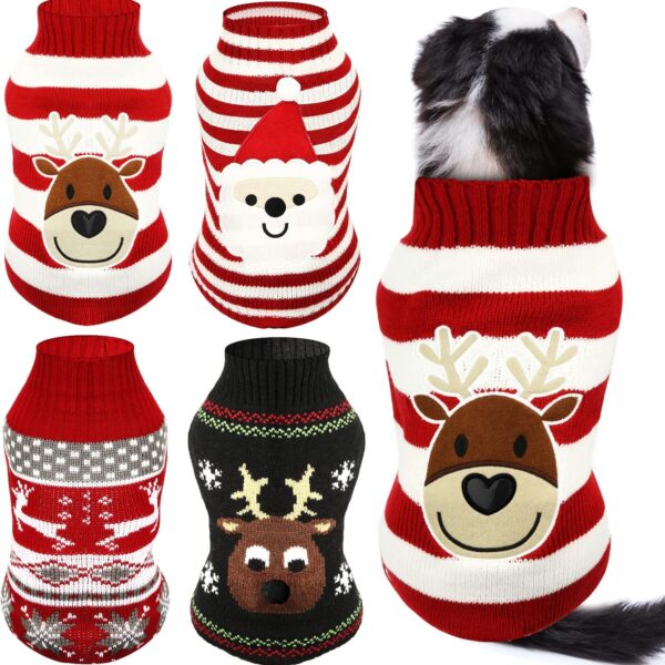 Frienda 4 Pieces Christmas Dog Sweaters Halloween Puppy Holiday Sweaters Santa Reindeer Snowman Snowflake Pumpkin Pet Clothes for Xmas Dog Cat Costume(Cute Pattern,Large)