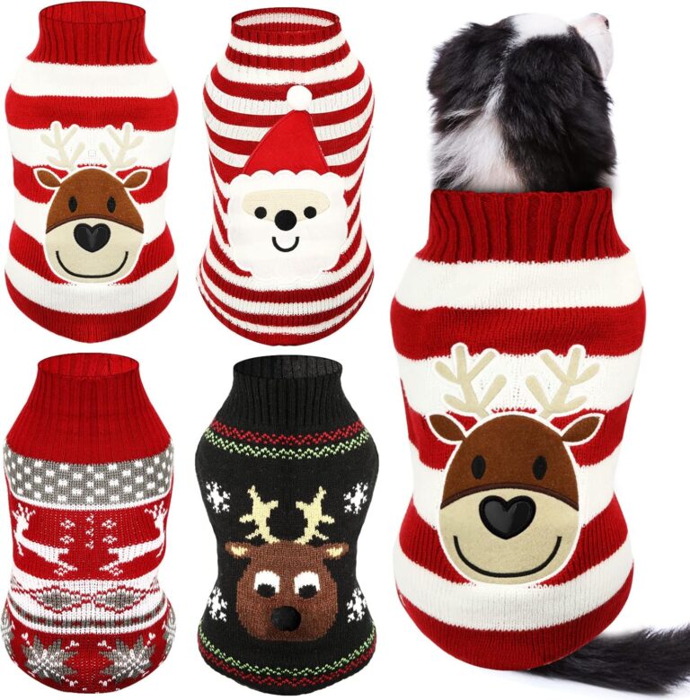 Frienda 4 Pieces Christmas Dog Sweaters Halloween Puppy Holiday Sweaters Santa Reindeer Snowman Snowflake Pumpkin Pet Clothes for Xmas Dog Cat Costume(Cute Pattern,Large)