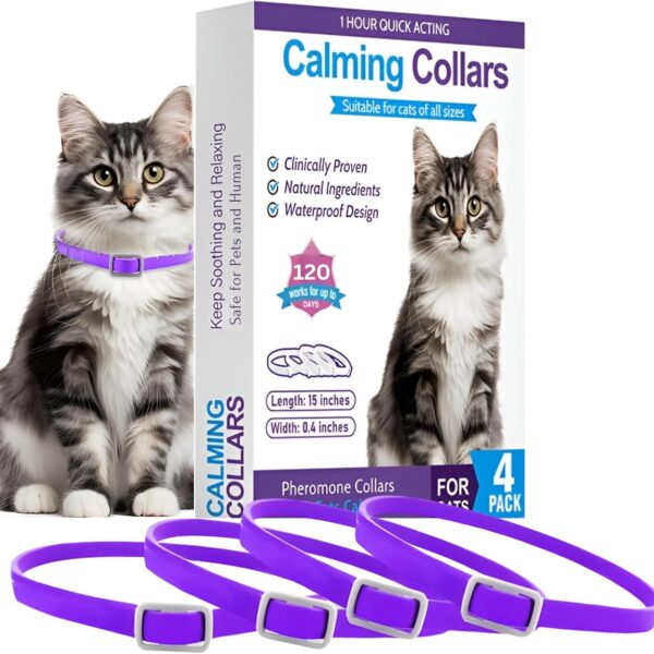 4-Pack Cat Calming Collar - 120 Days of Continuous Calm - Pheromone Anxiety Relief for Cats & Kittens - Reduces Scratching, Meowing & Urine Marking - Adjustable & Safe Waterproof Breakaway Design