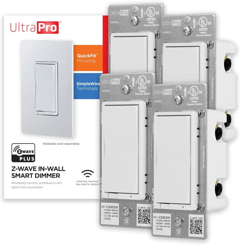 UltraPro Z-Wave Smart Light Dimmer with QuickFit & SimpleWire, 3-Way Ready, Works with Alexa, Google Assistant, ZWave Hub Required, Repeater/Range Extender, White Paddle, 4-Pack, Smart Switch, 54898
