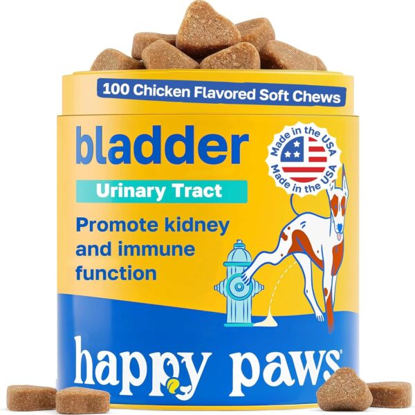 Happy Paws Bladder Supplement, Dog Urinary Tract Supplements & Kidney Support with Cranberry & Antioxidants, Soft Chews for All Breeds & Ages, Vegan Chicken Flavor, (100 Chews)
