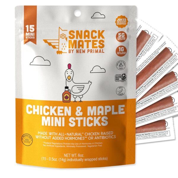 The New Primal Snack Mates Chicken & Maple Sticks, Gluten Free Healthy Snacks for Kids, Low Sugar High Protein Back to School Snacks, Mini Paleo Jerky Meat Stick, 5g Protein, 35 Calories, 15 Pack