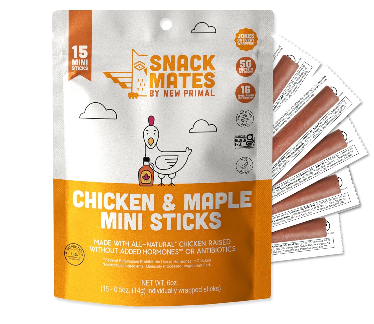 The New Primal Snack Mates Chicken & Maple Sticks, Gluten Free Healthy Snacks for Kids, Low Sugar High Protein Back to School Snacks, Mini Paleo Jerky Meat Stick, 5g Protein, 35 Calories, 15 Pack The New Primal Snack Mates Chicken & Maple Sticks, Gluten Free Healthy Snacks for Kids, Low Sugar High Protein Back to School Snacks, Mini Paleo Jerky Meat Stick, 5g Protein, 35 Calories, 15 Pack