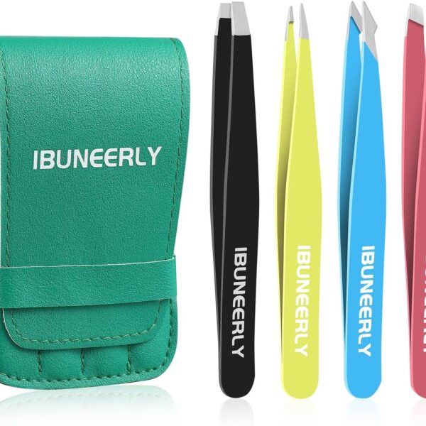 Eyebrows Tweezers Set, 4Pcs Stainless Steel Tweezers for Women with Travel Case, Great Precision for Ingrown Hair, Facial Hair and Splinter Removal