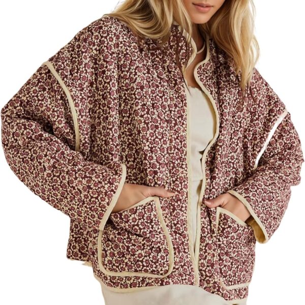 YKR Women's Cropped Puffer Jacket Floral Print Quilted Puffer Jackets Open Front Lightweight Short Jacket Trendy