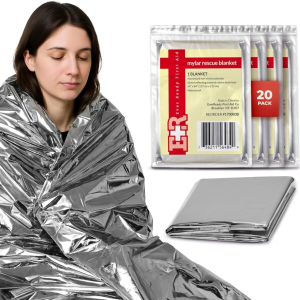 Ever Ready First Aid Mylar Rescue Blanket, Large Silver Thermal Sheet for Emergency and Survival, 54 x 84 20 Count
