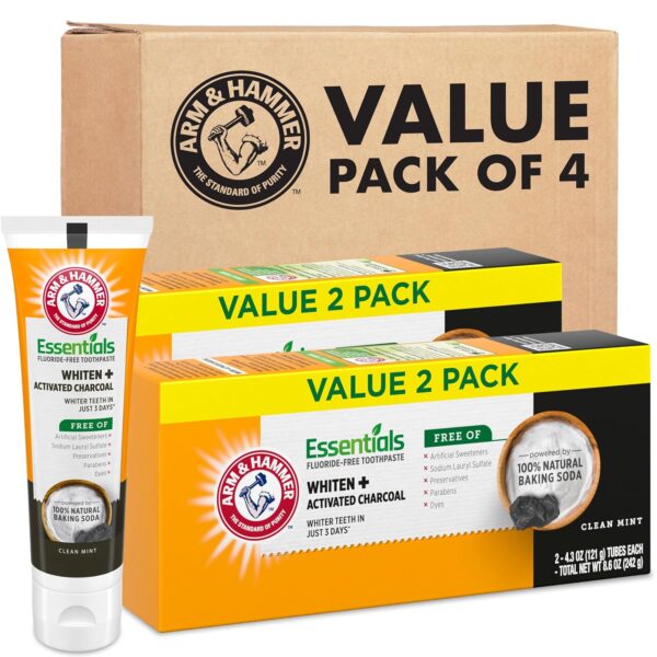 ARM & HAMMER Essentials Fluoride-Free Toothpaste, Whitening + Activated Charcoal Toothpaste, 4 Pack of 4.3oz Tubes, Clean Mint, 100% Natural Baking Soda